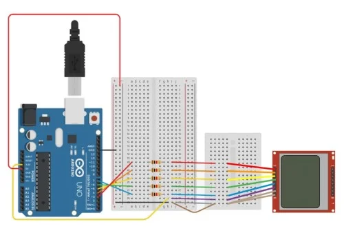 Una placa Arduino conectada a la Nokia 5110